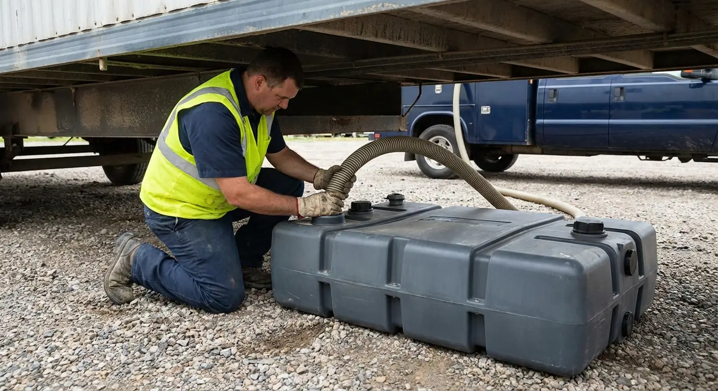 CSRA Portable Services vacuum truck servicing a waste holding tank at a construction site in Augusta, GA
